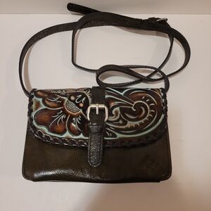 Patricia Nash Torri Floral Embossed Brown and Turquoise Leather Crossbody Bag